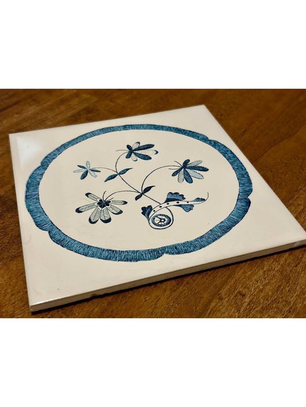 Vintage Screenf Craft Ceramic Tile Wall Hanging with Blue Floral Design 1989